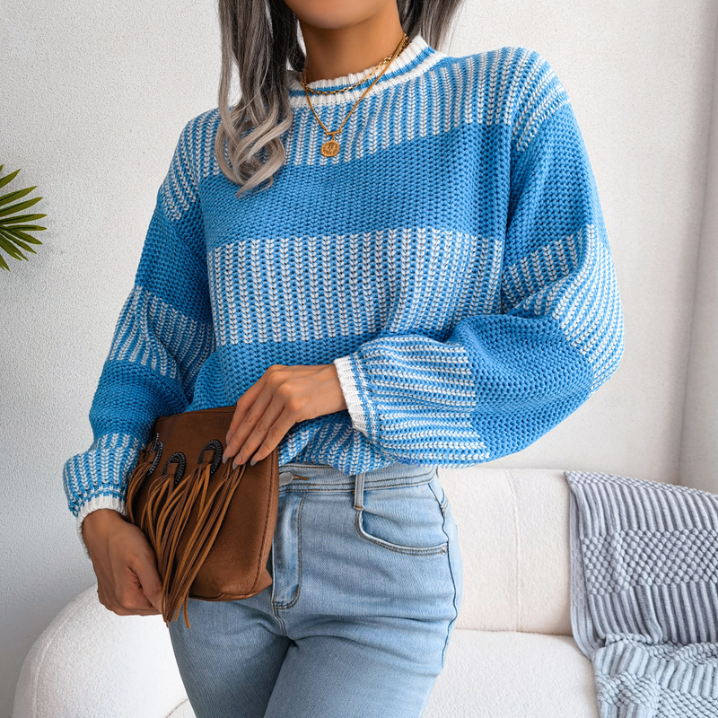 Abbigliamento da donna Net rosso stile vero colpo autunno e inverno casual contrasto di colore a righe maglione lavorato a maglia a maniche lunghe abbigliamento da donna_voghion.com