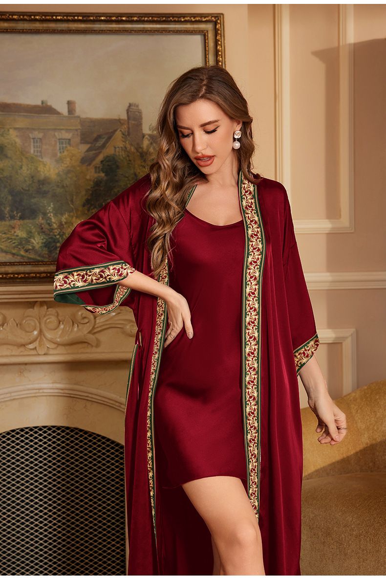Luxe satijnen chiffon kamerjas - elegante loungewear- en nachtkledingset voor dames met transparante draperie (zwart, wijnrood, saliegroen)_voghion.com