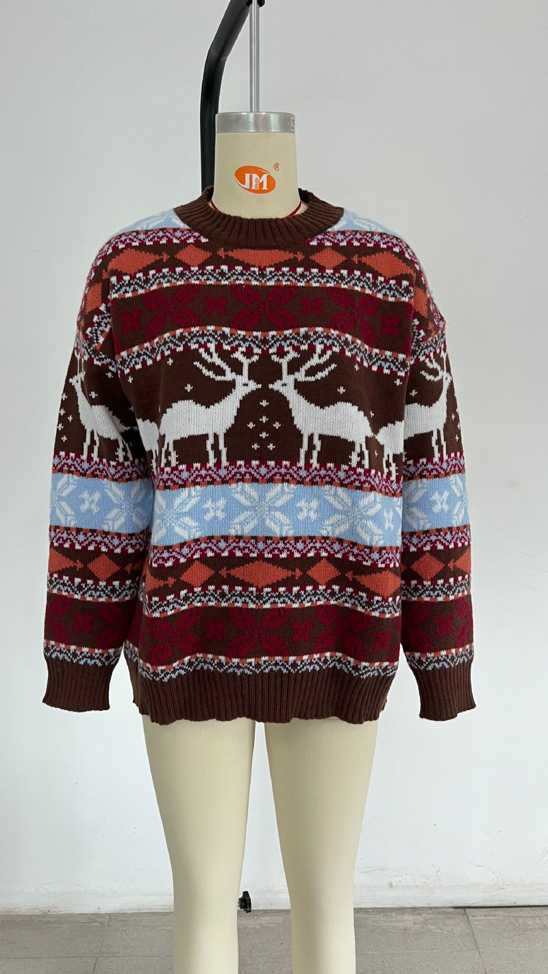 Damenbekleidung, Rundhalsausschnitt, lockerer, fünffarbiger, weihnachtlicher Jacquard-Langarm-Damenpullover_voghion.com
