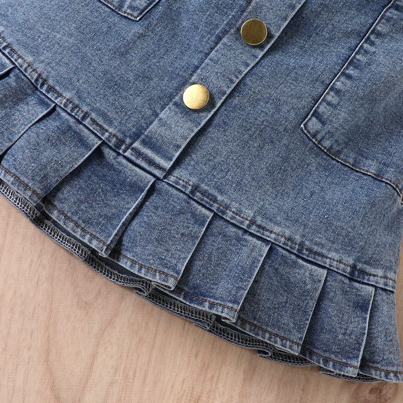 Kinderkleid Mädchen Einfarbig Weste Langarm Top Denim Offene Tasche Faltenrock Anzug_voghion.com