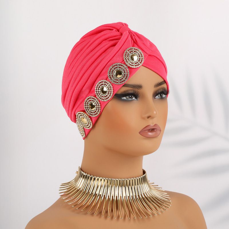 New Fashion Pleated Watermelon Hat With Round Diamonds On The Side Of The Head Indian Hat Turban Hat_voghion.com