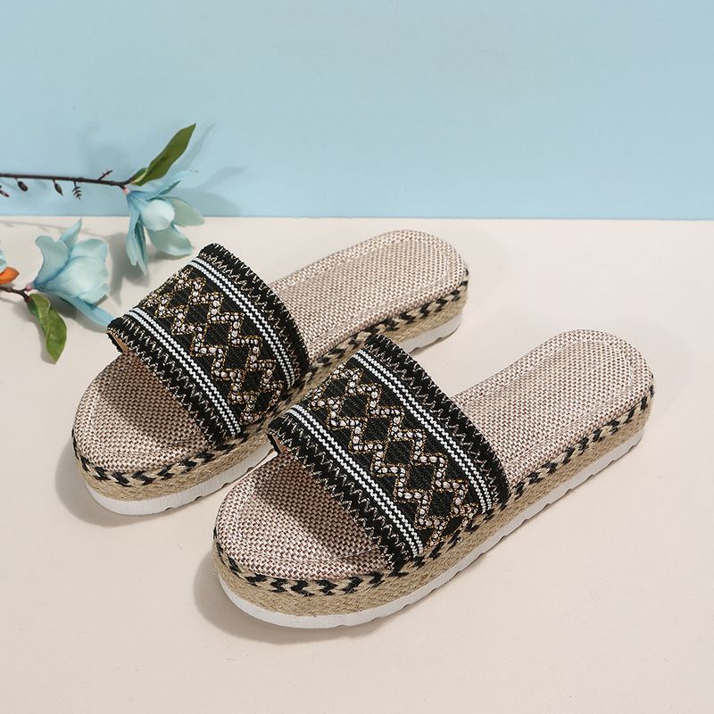 New Wide Width Women's Platform Peep-Toe Sandals - Boho Ethnic Jute Rope Candy Color Flip Flops (Comfortable Thick Sole Summer Beach Slippers)_voghion.com