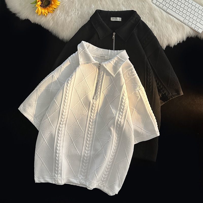 Männerkleeder Waffle Poloshirt Kuerzärmlech T-Shirt Shorts Set Summer locker Kleeder Trendy Tops an Hosen Kostüm_voghion.com