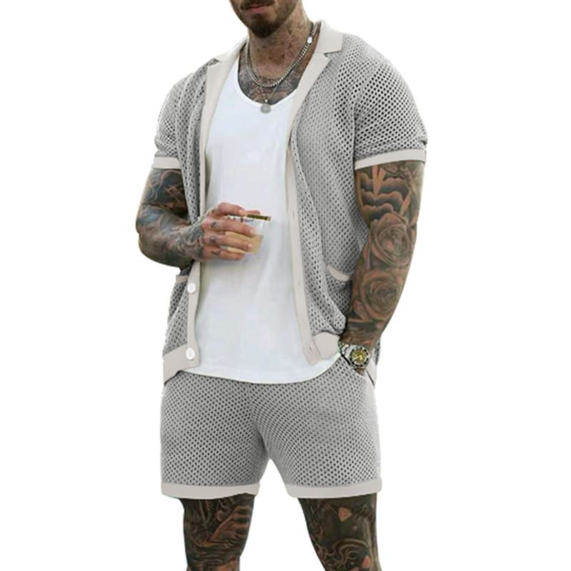 Herrenbekleidung Herrenmode aushöhlen durchsichtig cool lässig dünne Oberbekleidung Herren Kurzarm Shorts Set_voghion.com