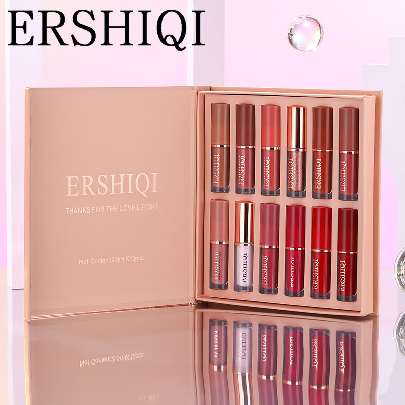 Exclusive ErshiQi 12 Color Book Matte Pearl Gloss Non Stick Cup Lip Glaze Lipstick_voghion.com