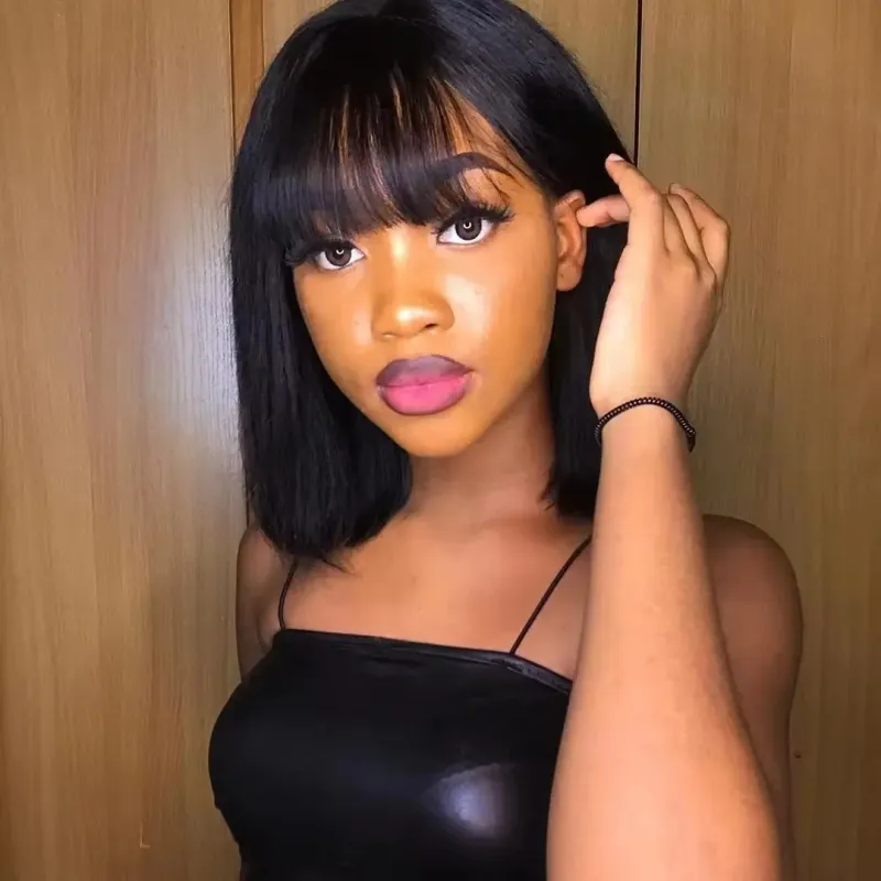Brazilian Human Hair Bob Wig with Bangs, Straight, 8-14 Inches_voghion.com