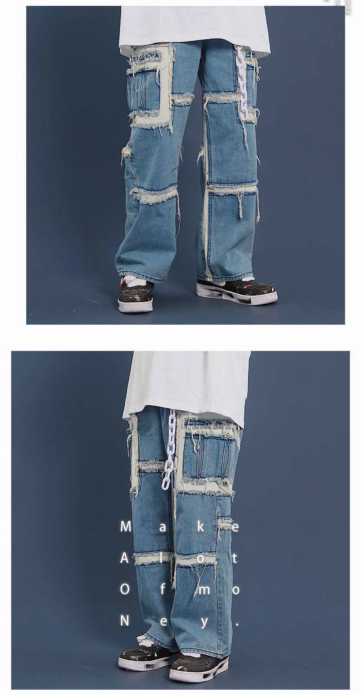 Men's Jeans IEFB /men's wear streetewar hip hop raw edge patchwork loose jeans male 2022 Autumn new straight denim pas_voghion.com