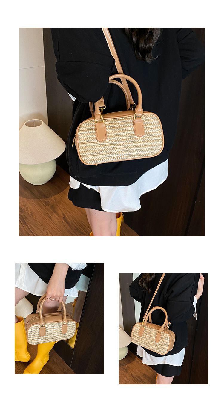 Borsa da donna in paglia intrecciata, piccola, quadrata, borsa a cuscino Boston, borsa a mano con colori a contrasto, borsa a tracolla_voghion.com