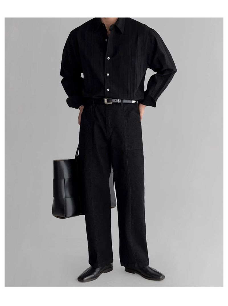 Camicia a maniche lunghe sottile con tasca in tinta unita da uomo, primavera e autunno, Dongdaemun, nuova camicia a nicchia larga strutturata di fascia alta_voghion.com