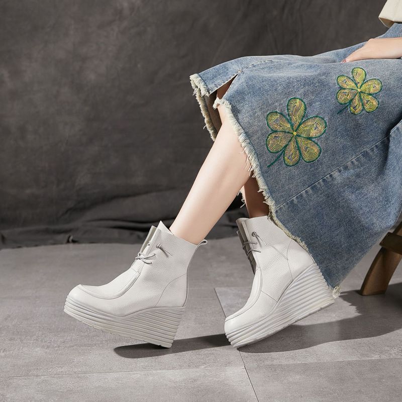 Trendy Brand Dark Soft Cowhide Women's Slip-On Short Thick-Soled Martin Genuine Leather Fashion Fleece-Lined Work Boots_voghion.com