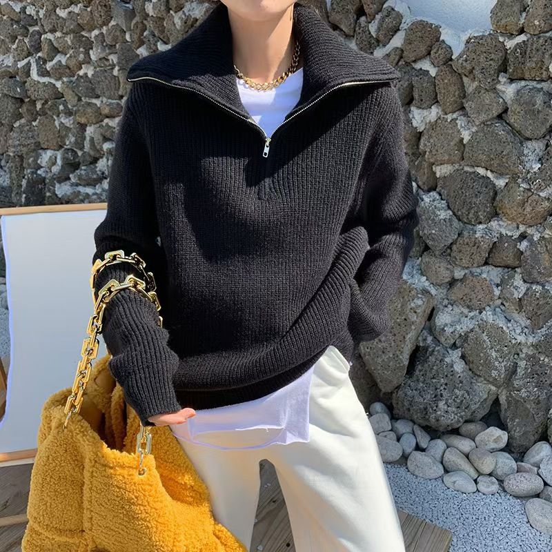 Cozy Oversized Zip-front Knit Sweater For Women - Lazy Chic Pullover With Stand Collar In Solid Colors (Gray, Beige, Coffee, Black, Blue, Oatmeal)_voghion.com