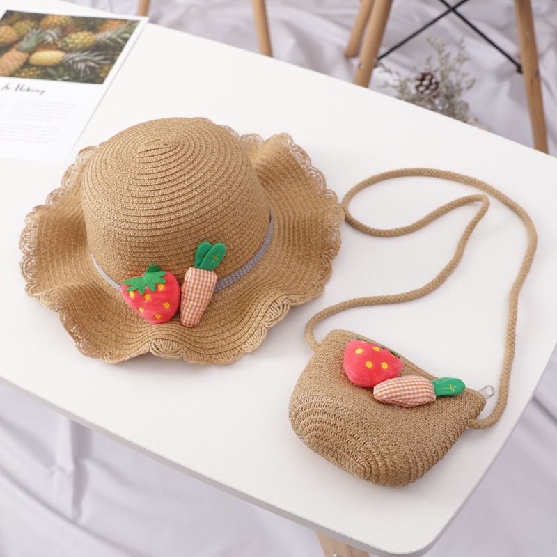 Vendita calda ragazze paglia turismo fiore bambini cappello da sole e borsa set bambino all'aperto largo tesa secchio cappelli set_voghion.com