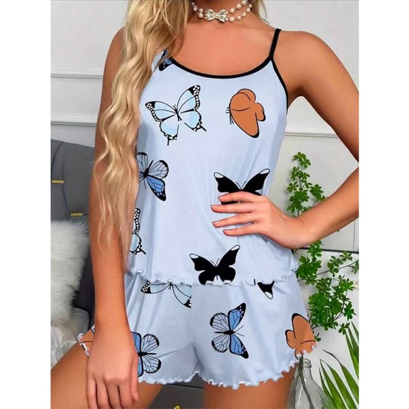 Sommermode Damen Sexy Strap Shorts Loungewear Color-Block Pyjamas Zweiteiliges Set_voghion.com