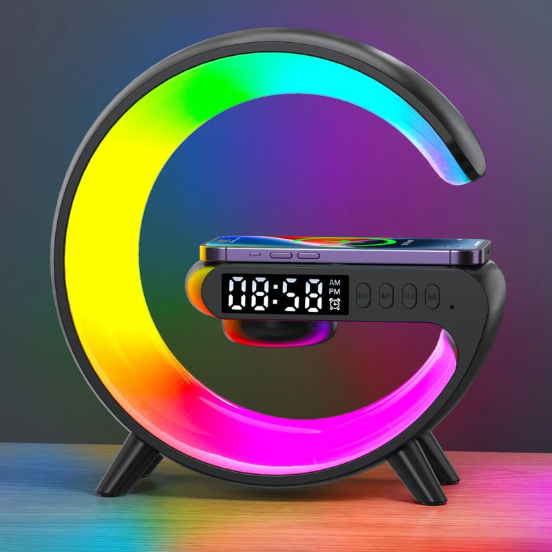 Többfunkciós vezeték nélküli töltőpad állvány hangszóró TF RGB éjszakai fény 15W gyors töltőállomás iPhone Samsung Xiaomi készülékhez_voghion.com