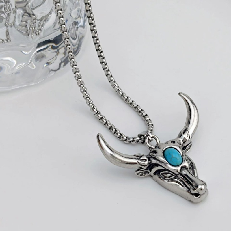 Jewelry Turquoise Necklace Domineering Bullhead Alloy Pendant Men's Personality Hip Hop Hipster Versatile Sweater Chain Jewelry_voghion.com
