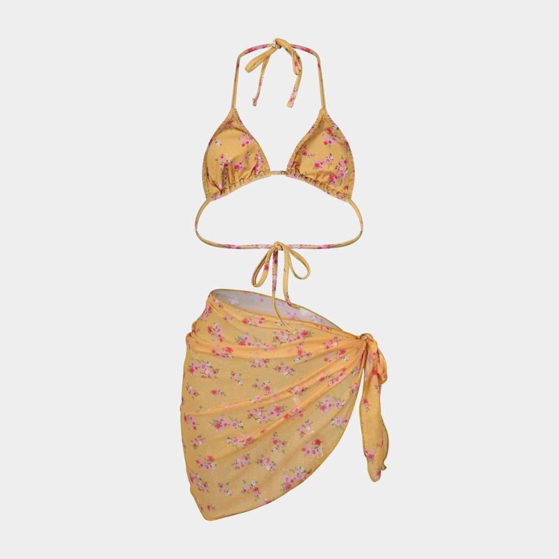 Vêtements pour femmes Jupe en gaze Fendue Bikini de Vacances Maillot de Bain Sexy Imprimé Bikini Ensemble Trois Pièces_voghion.com