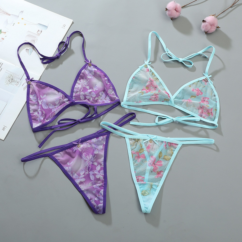 Dámské sexy spodní prádlo Set Flower Bra Thong 2 kusy měkké síťované průsvitné ramínko transparentní spodní prádlo body bikiny_voghion.com