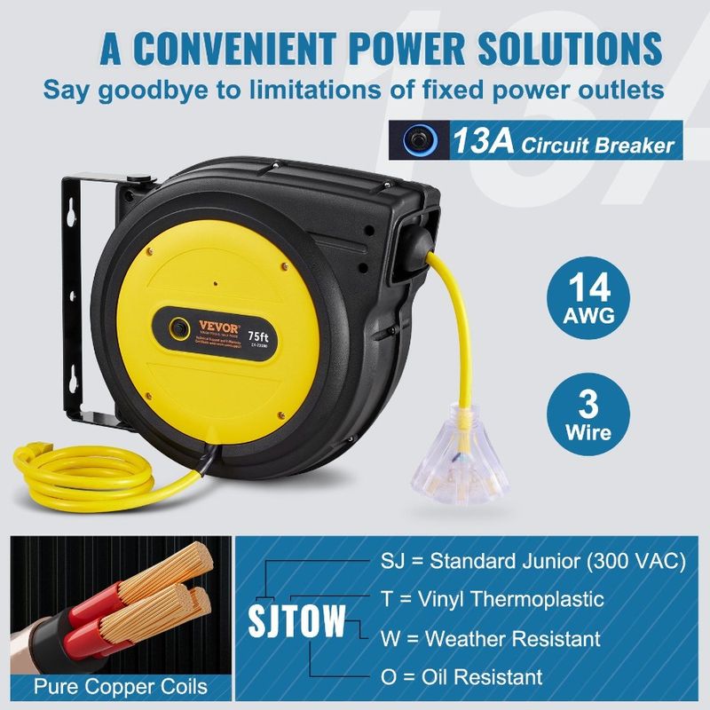 Cord SJTOW 3C 75FT Retractable Reel 14AWG Extension Power Reel Cord_voghion.com