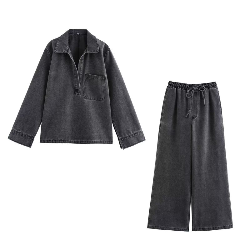 Women's Clothing Street Fashion Straight Pants Suit Tops Denim Casual Wear_voghion.com
