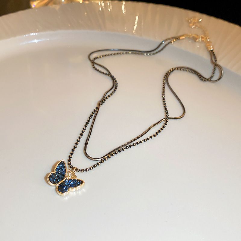 Black Double Layer Butterfly Necklace, Spicy Girl, Sweet And Cool Style, Personalized Design Sense, Collar Chain,_voghion.com