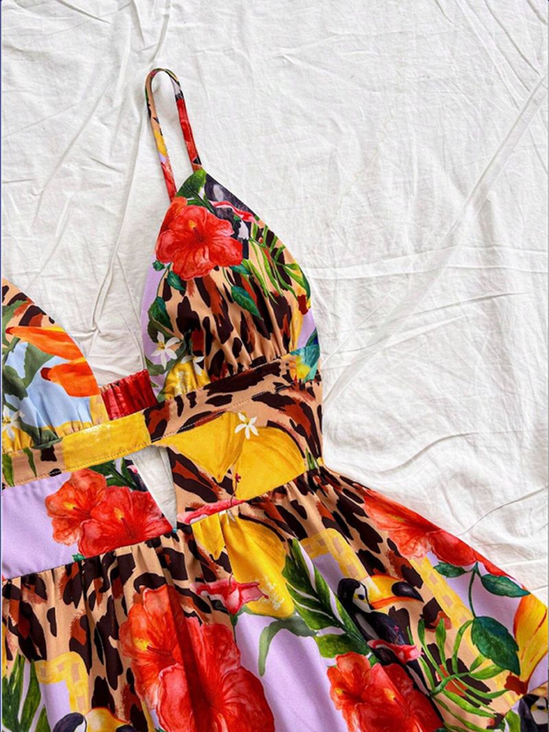 Rochie de damă sexy, cu imprimeu leopard, decoltată, cu bretele adânci în V și spate expus, 2025_voghion.com