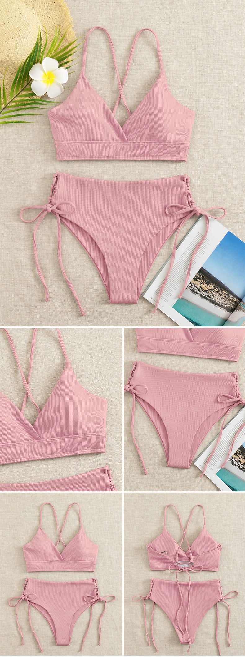 Naisten vaatteet Seksikäs uimapuku yksivärinen V-kaula Bikinit korkea vyötäröhihna jaettu monivärinen uimapuku_voghion.com