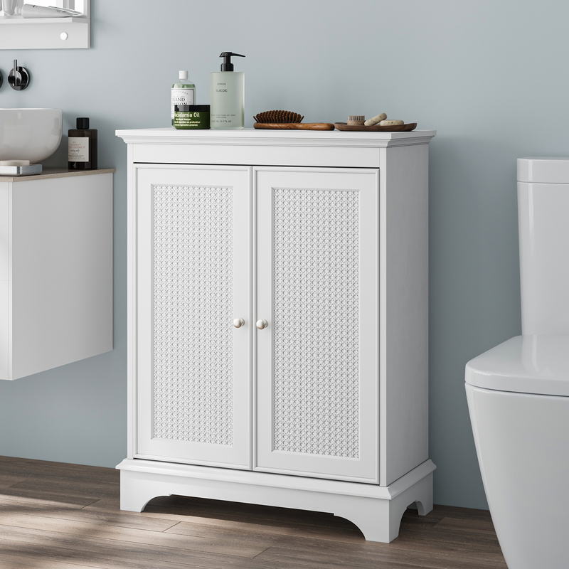 Freistehender Badschrank Mit Stauraum, Bianco Mit Korbtüren Und Verstellbarem Regal, Für Wohnung_voghion.com