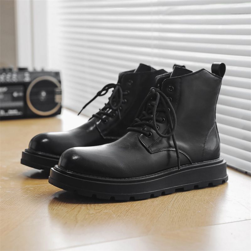 Retro Martin Boots Lace-up Locomotive Tooling Boots Thick-soled High-top Leather Shoes Black Short Boots_voghion.com