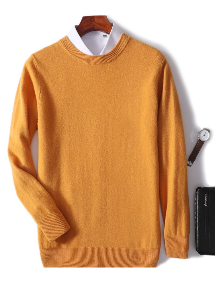Neue Herbst- und Winter-Herren-Rundhalspullover aus Wolle in Volltonfarbe mit lockerer Kaschmir-Strickbasis für Jugendliche_voghion.com