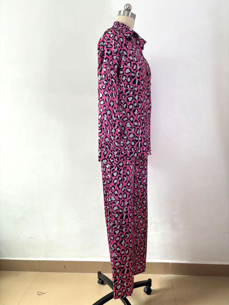 Ensemble deux pièces pour femme, chemise ample décontractée à manches longues et col rabattu, imprimé léopard, pantalon large_voghion.com