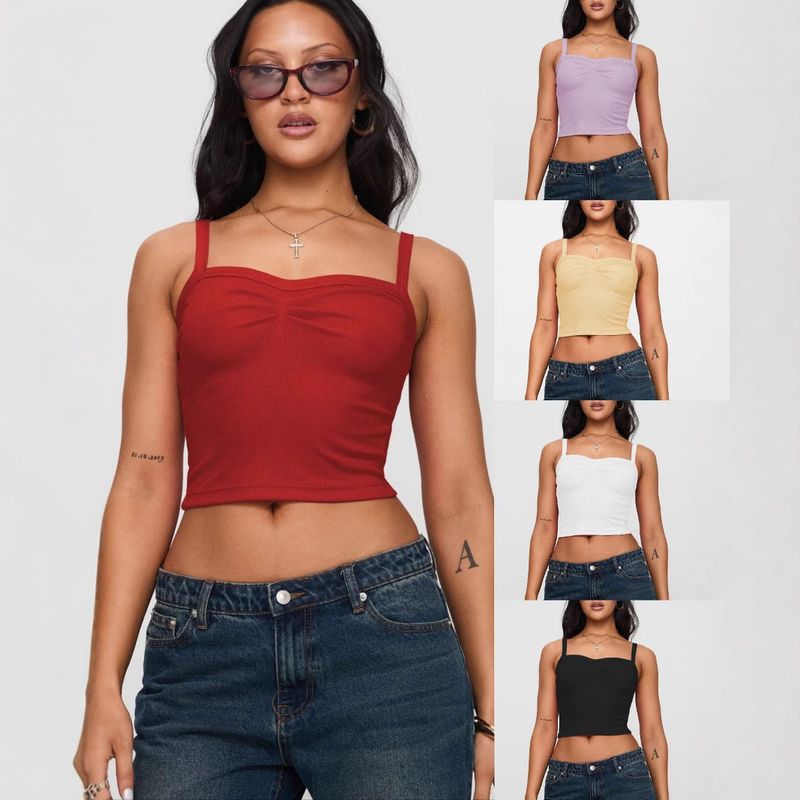 2025 Frühling Sommer Damen Einfarbig Plissee Design Kurz Cropped Slim Fit Y2K Vielseitige Camisole_voghion.com