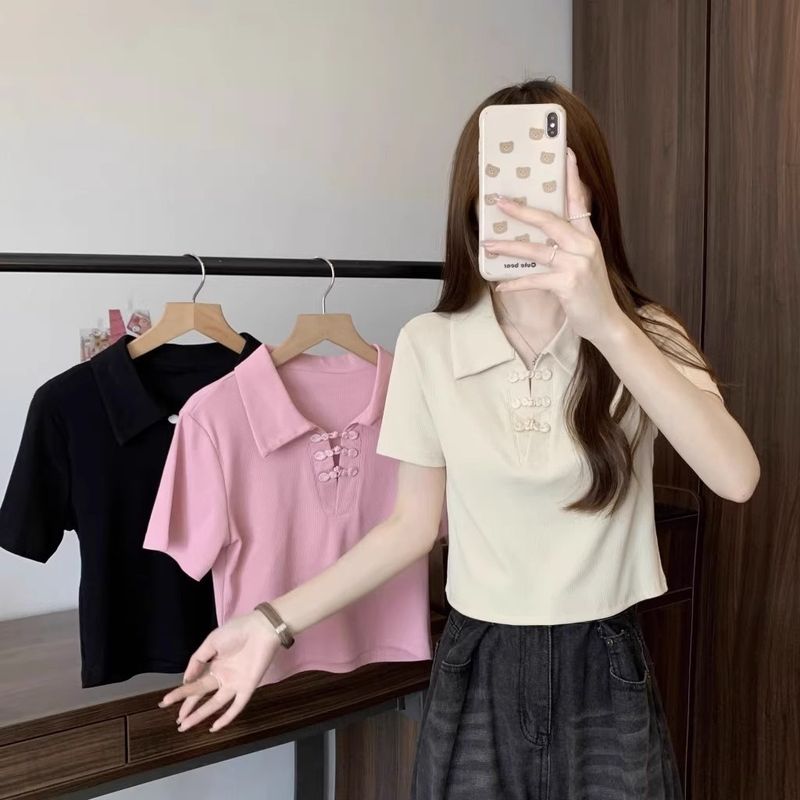 New buckle Chinese style sleeved T-shirt for women in summer 2024, covering the belly and showing off thinness, short_voghion.com