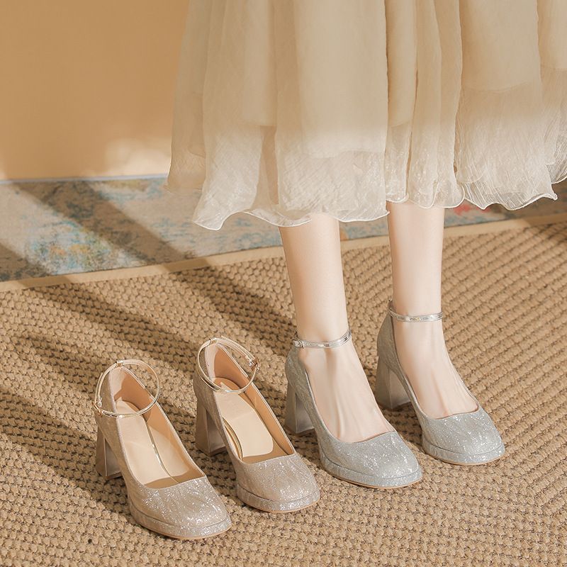 One Button Waterproof Platform With Fine Flashing Spring New High Heels, Mary Jane's High-end Square Toe Thick Heel_voghion.com