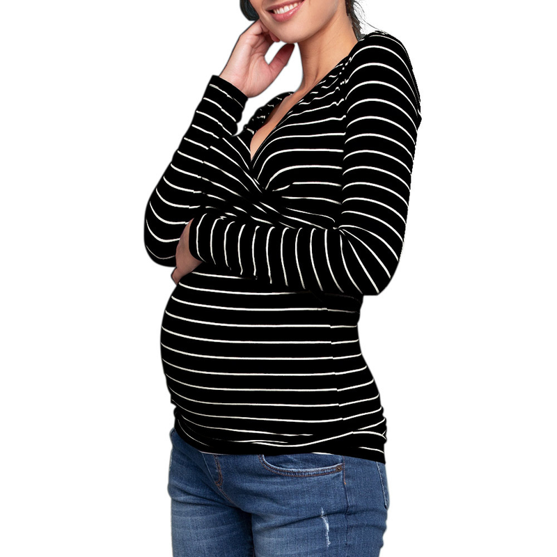 Spring and Autumn Pregnant Women's Deep V-neck Long Sleeve Printed Cross Breastfeeding Care T-shirt_voghion.com