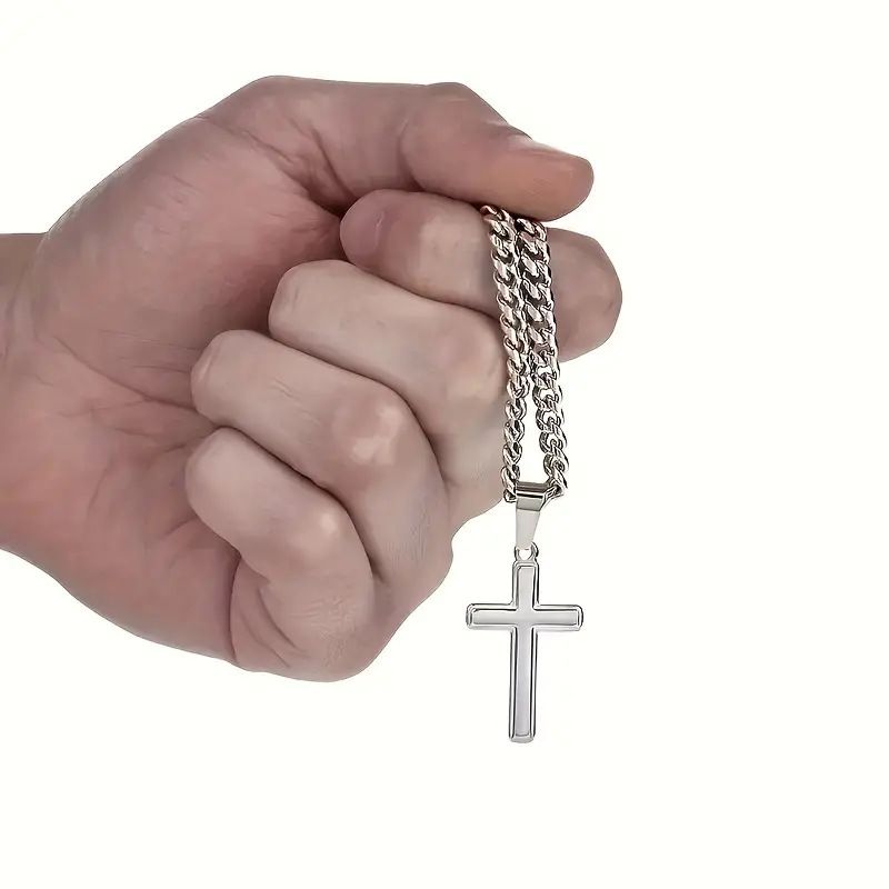 1 Piece To My Grandson Glossy Cross Pendant Cuban Chain With Card Men's Necklace_voghion.com