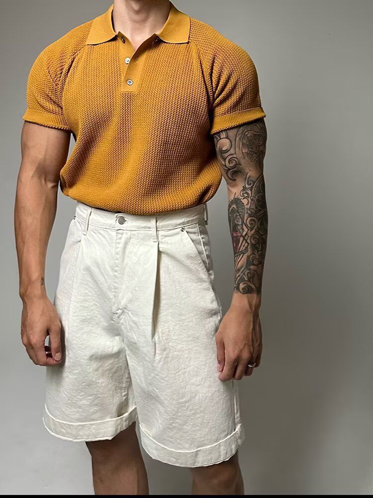 Herrenbekleidung Waben-Strick-Poloshirt für Herren Dongdaemun New Niche High End Washed Distressed Loose Kurzarm-T-Shirt Top_voghion.com