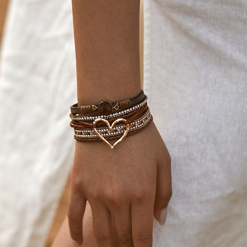 Set di bracciali a strati bohémien - Bracciale rigido regolabile a cuore aperto e catena con perline_voghion.com