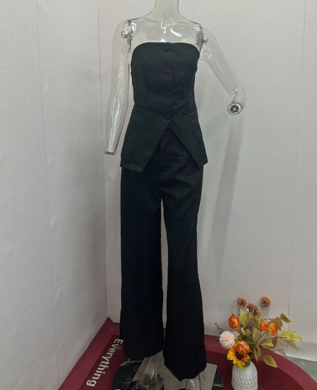 2023 Autumn New Casual Fashion Suit Button Elegant Strapless Set Pants_voghion.com