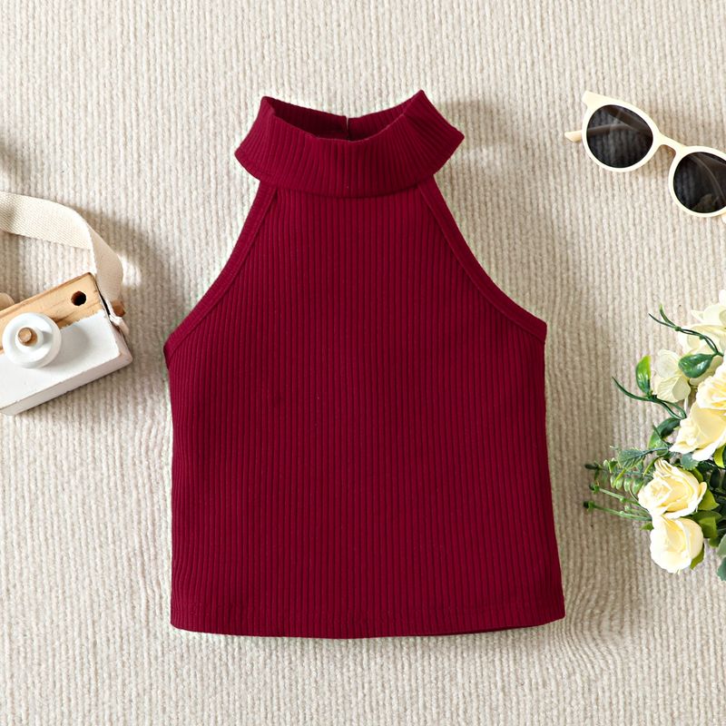 Summer Girls' Standing Neck Pit Striped Sleeveless Top PU Leather Shorts Set_voghion.com