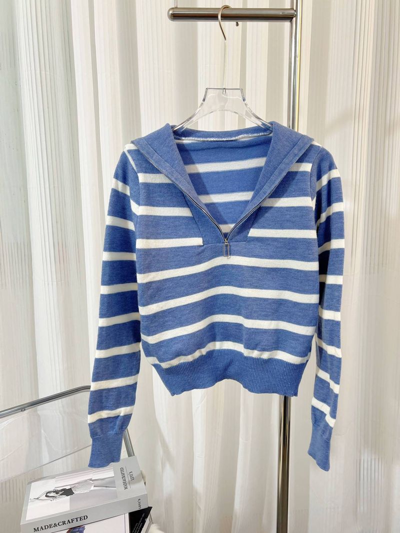 Women's Clothing Zipper Contrast Color Striped Knit Sweater With Zip Collar - Casual Loose Fit Pullover For Autumn Winter, School Style Slimming Top_voghion.com
