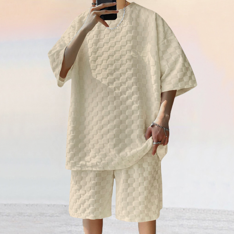 Man's clothing Men's summer jacquard check short sleeve T-shirt loose large size straight leg casual shorts set_voghion.com