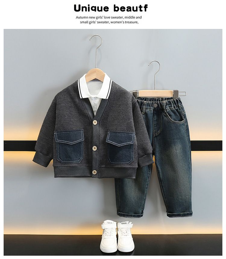 Outfit primavera autunno 2025 Nuovi vestiti alla moda per bambini con colletto rovesciato e patchwork di denim per ragazzi casual_voghion.com