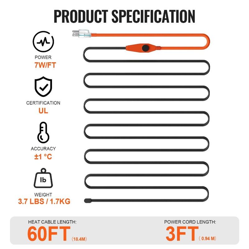 Heat Pipes Cable 60FT Heating Pipe Thermostat 7W Tape For FT With Builtin_voghion.com