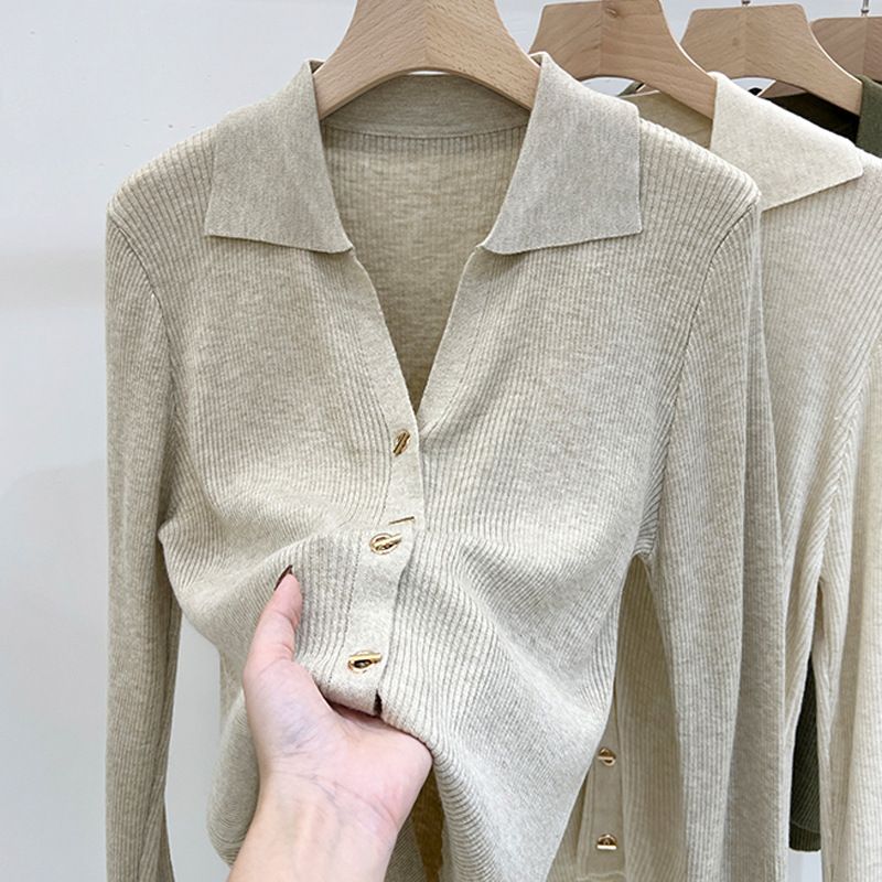 Women's Turn-Down Collar Knitted Long Sleeve Top - Soft Loose Fit Casual Blouse For Autumn & Spring_voghion.com