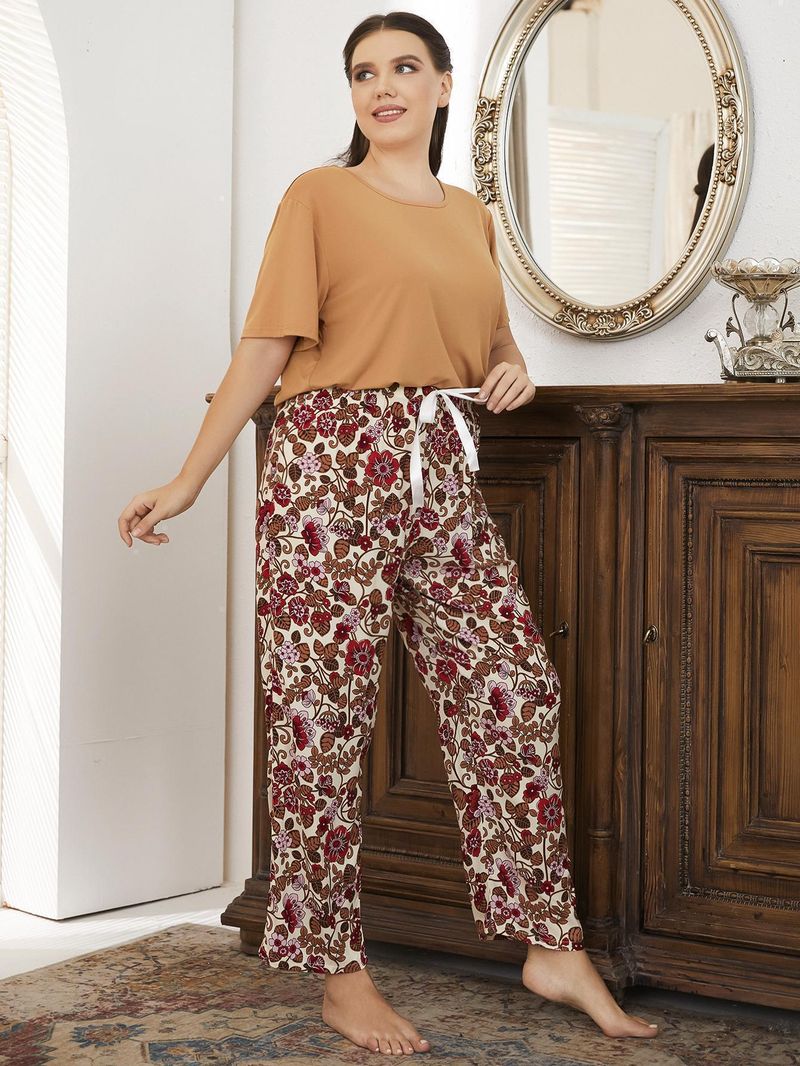 Plus Size Damen Pyjama Frühling Herbst Lose Kurzarm Lange Hosen Homewear Set Geeignet Für Oberbekleidung_voghion.com