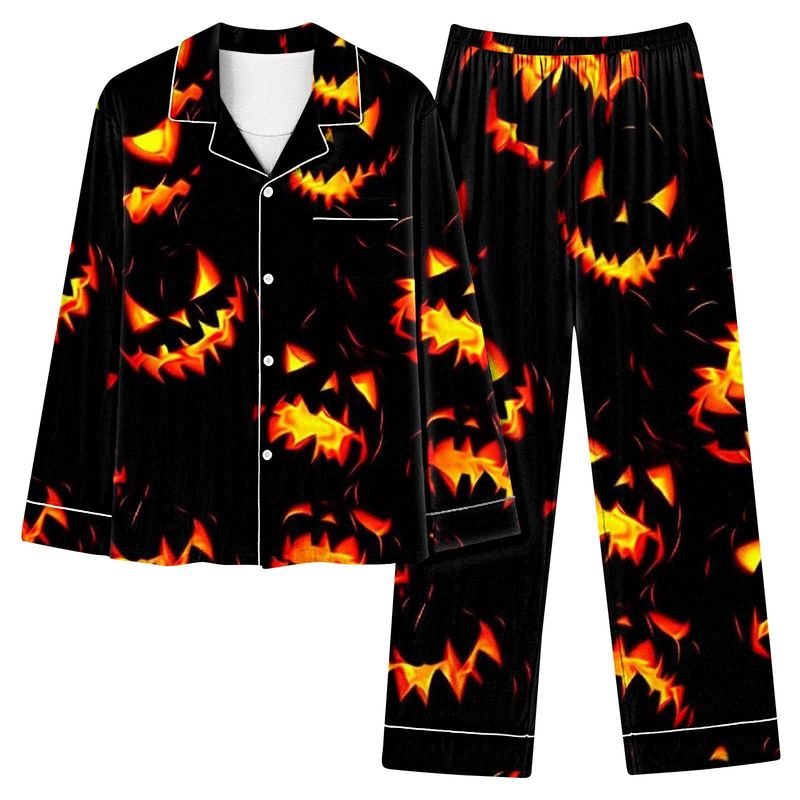 Individuelles Halloween-Pyjama-Set für Damen – Langarm-Button-Down-Oberteil und Lounge-Hose (atmungsaktives Polyester, leicht, XS-4XL, Heim- und Nachtwäsche)_voghion.com