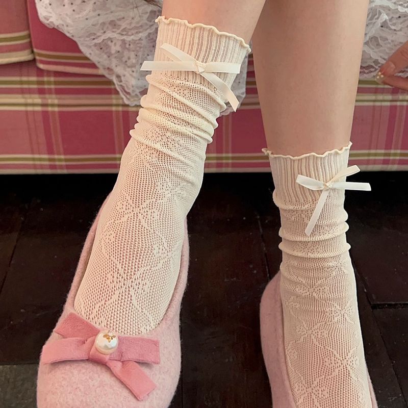 White Lace Trim Socks For Women, Summer Thin Bowknot Slouch Ballet Style Long Tube Socks, Matching With Mary Jane Shoes_voghion.com