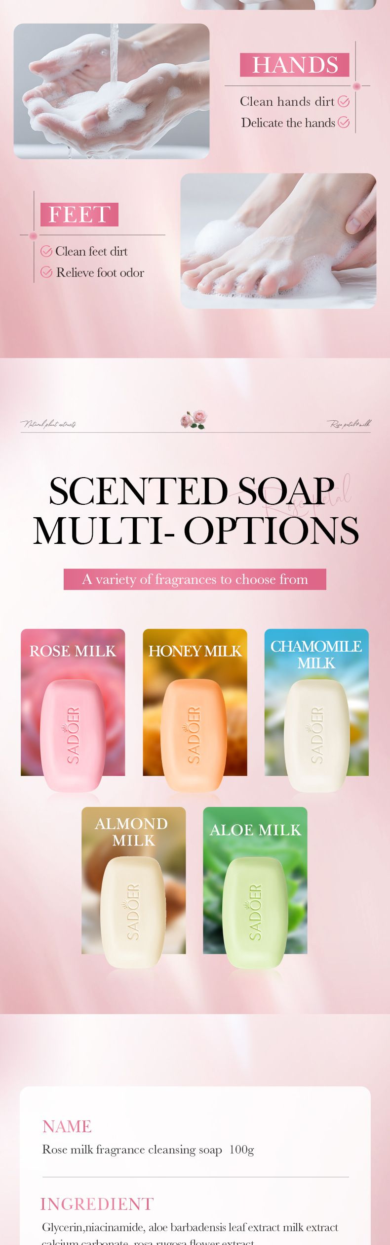 Sapone fatto a mano SADOER Sapone detergente profumato al latte di rosa 100 g Detergente Mani Corpo Comfort Pelle Unisex_voghion.com