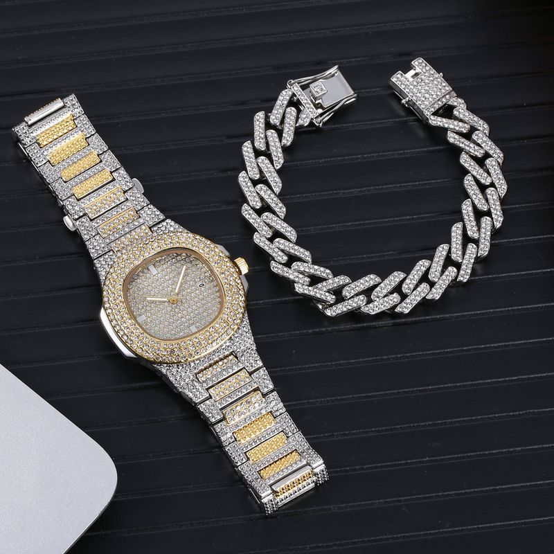 2pcs/set watch bracelet set hip hop style large dial diamond steel watch + full diamond bracelet_voghion.com