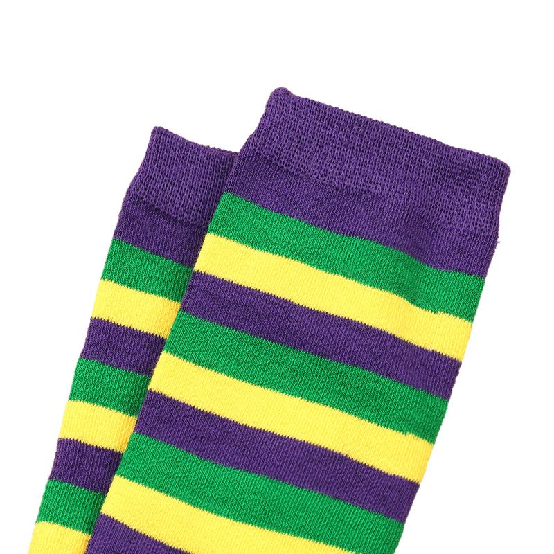 Iresch mat violette, giele, grénge Sträifen, dräifaarwege Mëttelstufe Unisex Knéistrëmp, Karnevalskalbstrëmp_voghion.com
